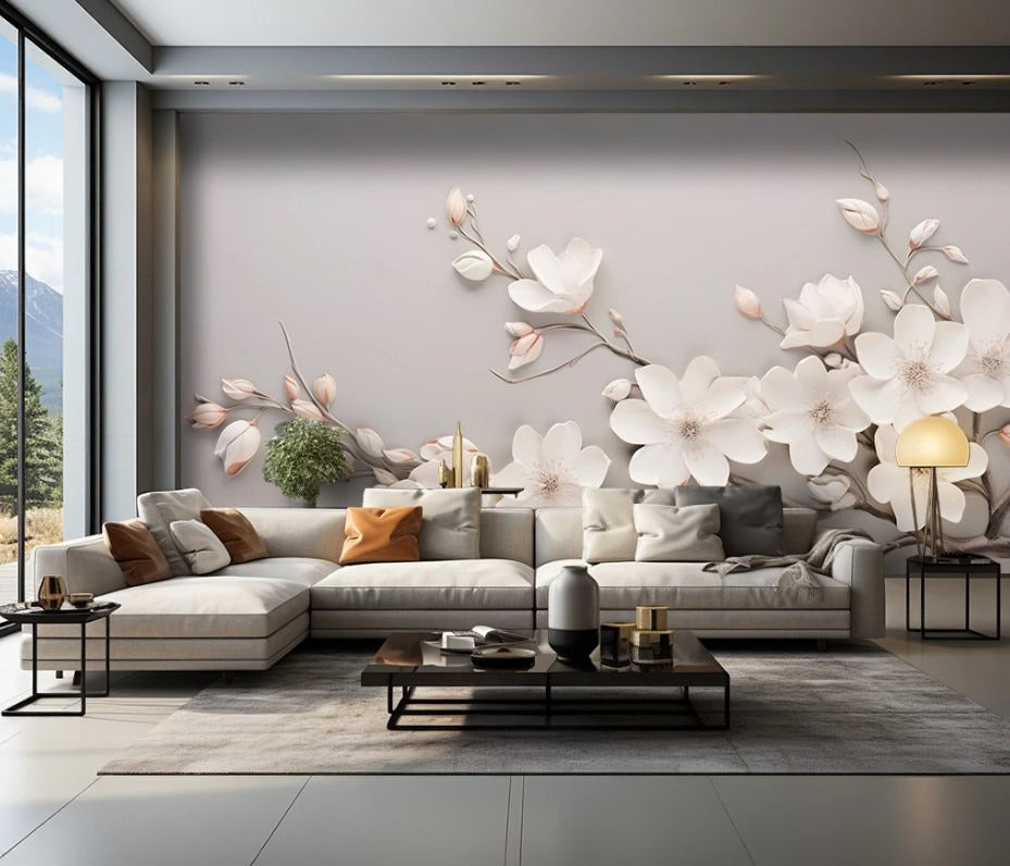 3D-Fototapete mit Blumenmotiv, modern, selbstklebend für Schlafzimmer und Wohnzimmer „Blütenrelief“