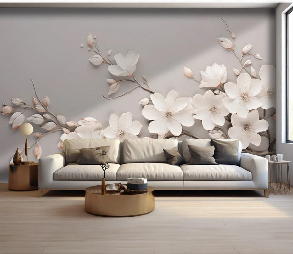 3D-Fototapete mit Blumenmotiv, modern, selbstklebend für Schlafzimmer und Wohnzimmer „Blütenrelief“