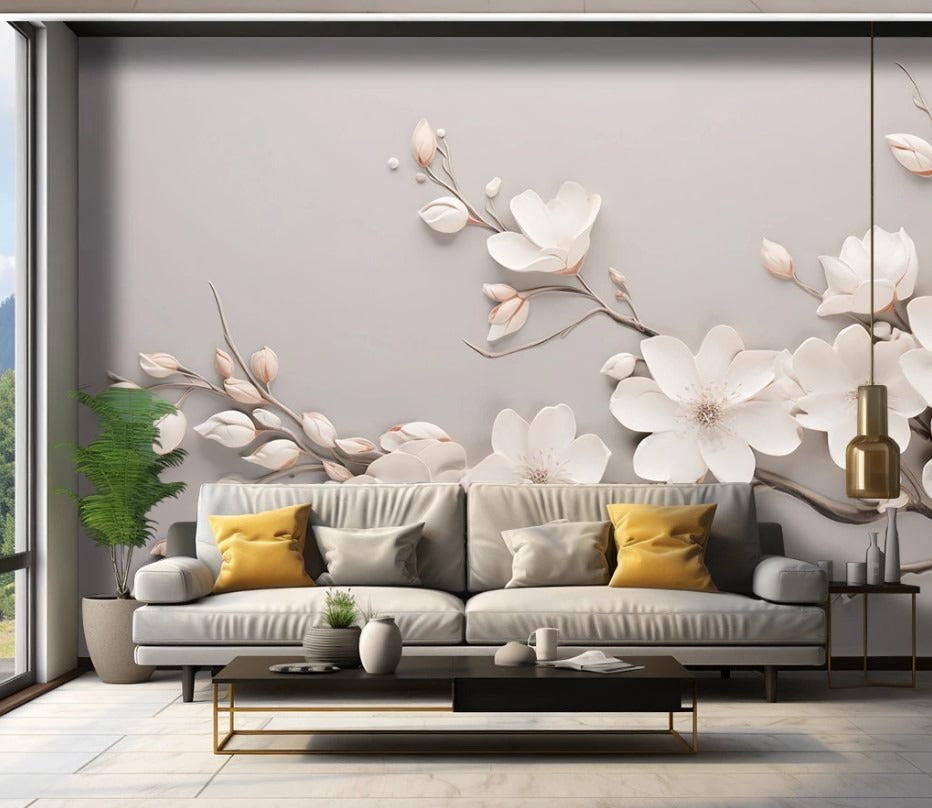 3D-Fototapete mit Blumenmotiv, modern, selbstklebend für Schlafzimmer und Wohnzimmer „Blütenrelief“
