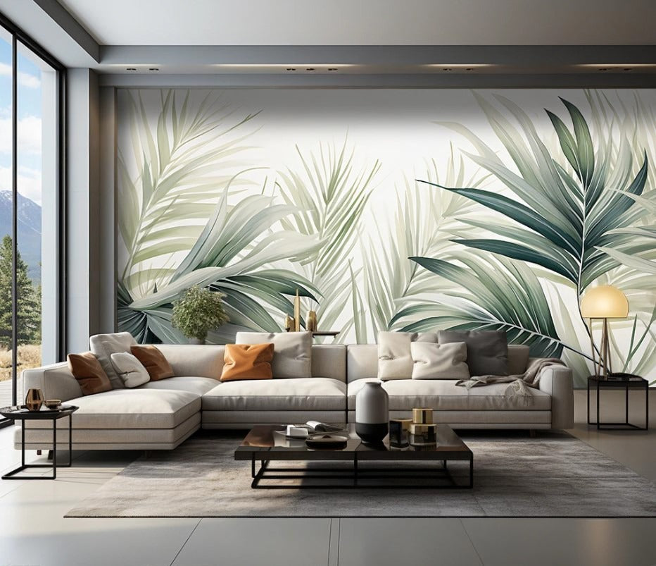 Moderne Fototapete mit grünen Blättern, selbstklebend, elegant für Wohnzimmer und Schlafzimmer „Blattgrün“