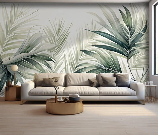 Moderne Fototapete mit grünen Blättern, selbstklebend, elegant für Wohnzimmer und Schlafzimmer „Blattgrün“
