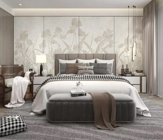 Helle Fototapete mit Pflanzenmotiv, Grau-Weiß, stilvoll, selbstklebend für Schlafzimmer und Wohnzimmer „Blattruhe“