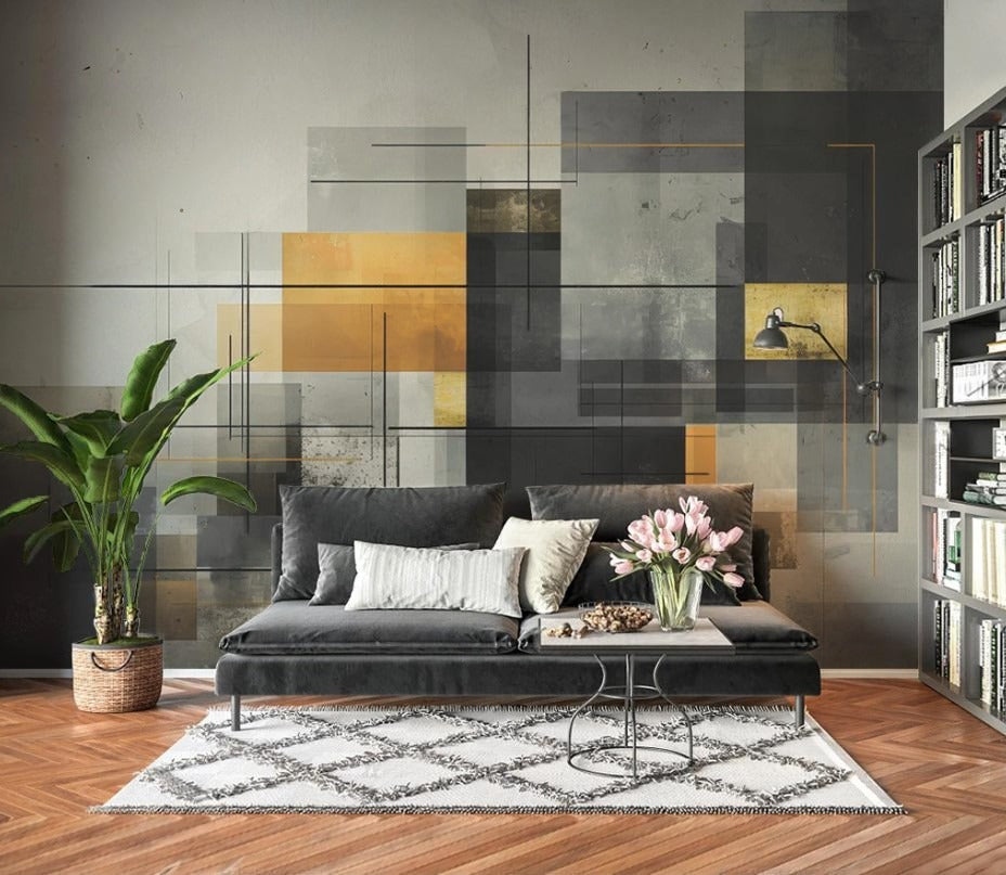 Geometrische Fototapete in Grautönen, modern, selbstklebend für Büro und Wohnzimmer „Grauform“