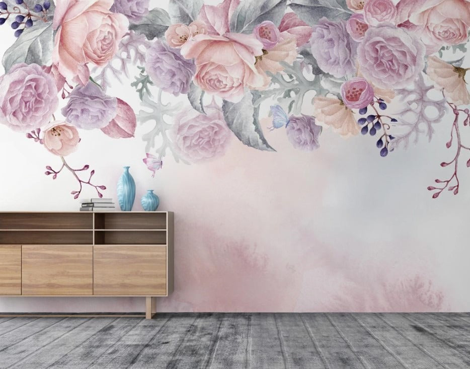 Zarte Fototapete mit rosa Rosen, modern, selbstklebend für Schlafzimmer und Kinderzimmer „Rosentraum“