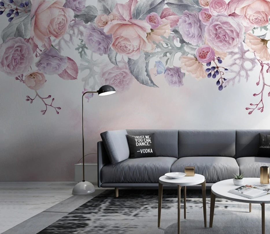 Zarte Fototapete mit rosa Rosen, modern, selbstklebend für Schlafzimmer und Kinderzimmer „Rosentraum“