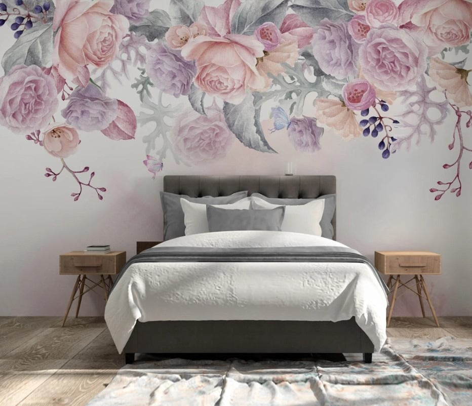 Zarte Fototapete mit rosa Rosen, modern, selbstklebend für Schlafzimmer und Kinderzimmer „Rosentraum“