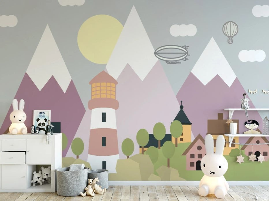 Kinder-Fototapete mit Bergen, niedlich, sanft, selbstklebend für Kinderzimmer „Bergland“