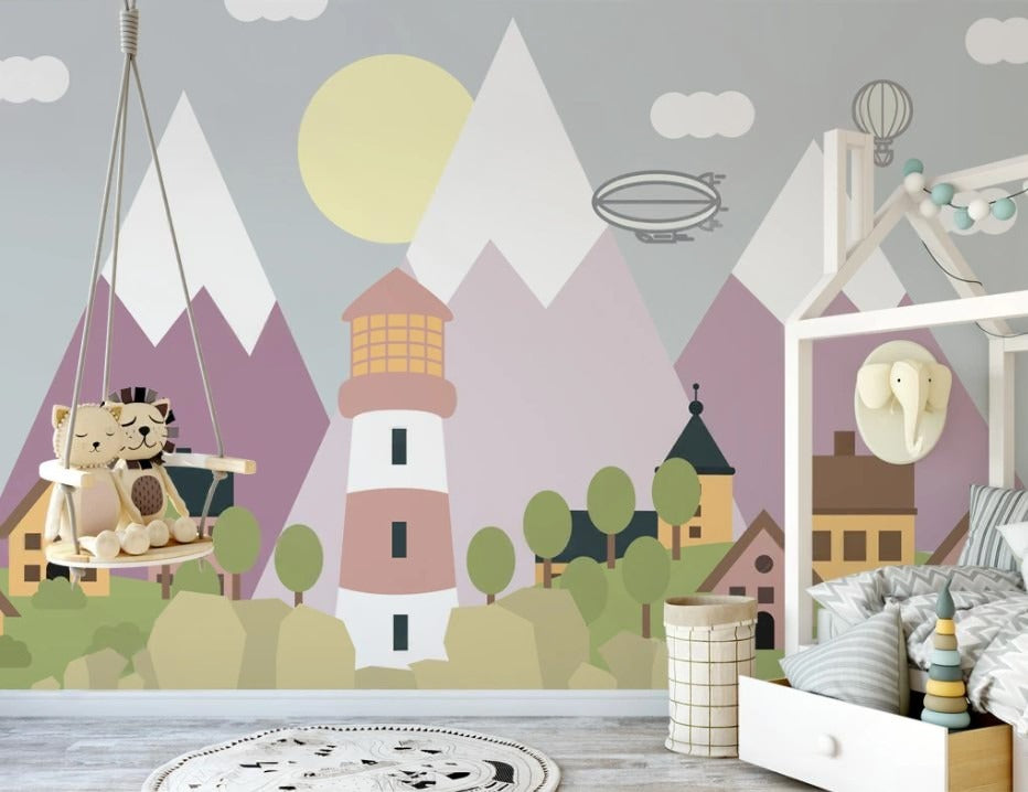 Kinder-Fototapete mit Bergen, niedlich, sanft, selbstklebend für Kinderzimmer „Bergland“