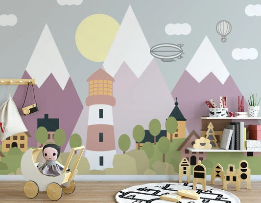 Kinder-Fototapete mit Bergen, niedlich, sanft, selbstklebend für Kinderzimmer „Bergland“