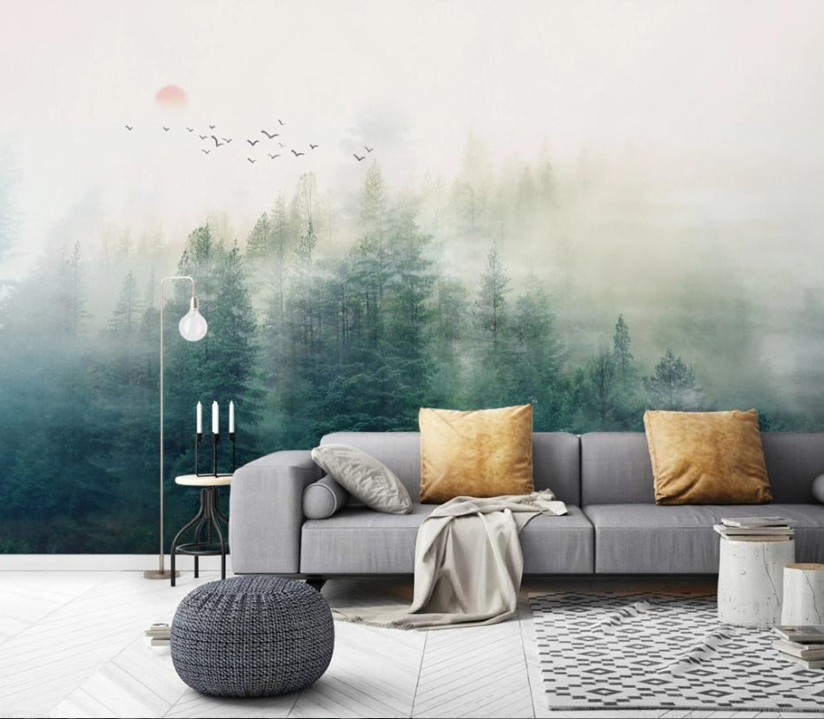 Fototapete im asiatischen Stil mit nebligem Wald, ruhig, stilvoll, selbstklebend für Schlafzimmer und Wohnzimmer „Nebelwald“