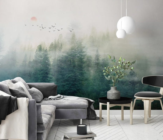 Fototapete im asiatischen Stil mit nebligem Wald, ruhig, stilvoll, selbstklebend für Schlafzimmer und Wohnzimmer „Nebelwald“