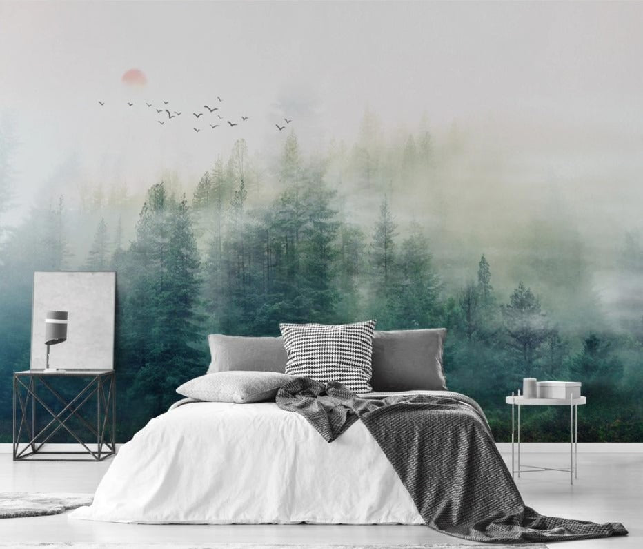 Fototapete im asiatischen Stil mit nebligem Wald, ruhig, stilvoll, selbstklebend für Schlafzimmer und Wohnzimmer „Nebelwald“