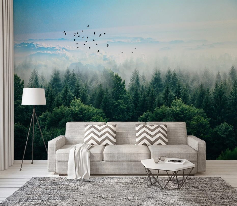 Panorama-Fototapete mit Waldmotiv, natürlich, modern, selbstklebend für Wohnzimmer und Schlafzimmer „Waldpanorama“
