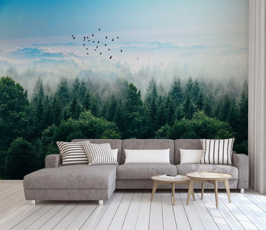 Panorama-Fototapete mit Waldmotiv, natürlich, modern, selbstklebend für Wohnzimmer und Schlafzimmer „Waldpanorama“
