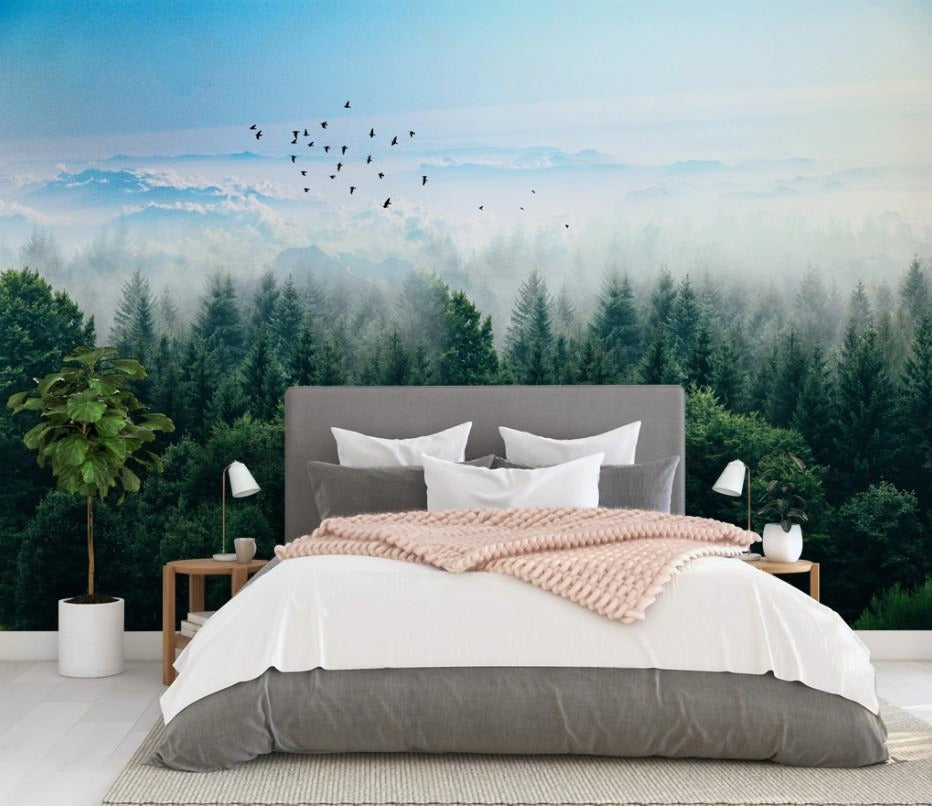 Panorama-Fototapete mit Waldmotiv, natürlich, modern, selbstklebend für Wohnzimmer und Schlafzimmer „Waldpanorama“