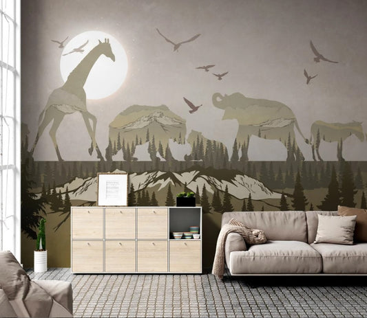 Fototapete mit afrikanischen Tieren, Elefanten und Giraffen, natürlich, stilvoll für Wohnzimmer und Kinderzimmer „Savanne“