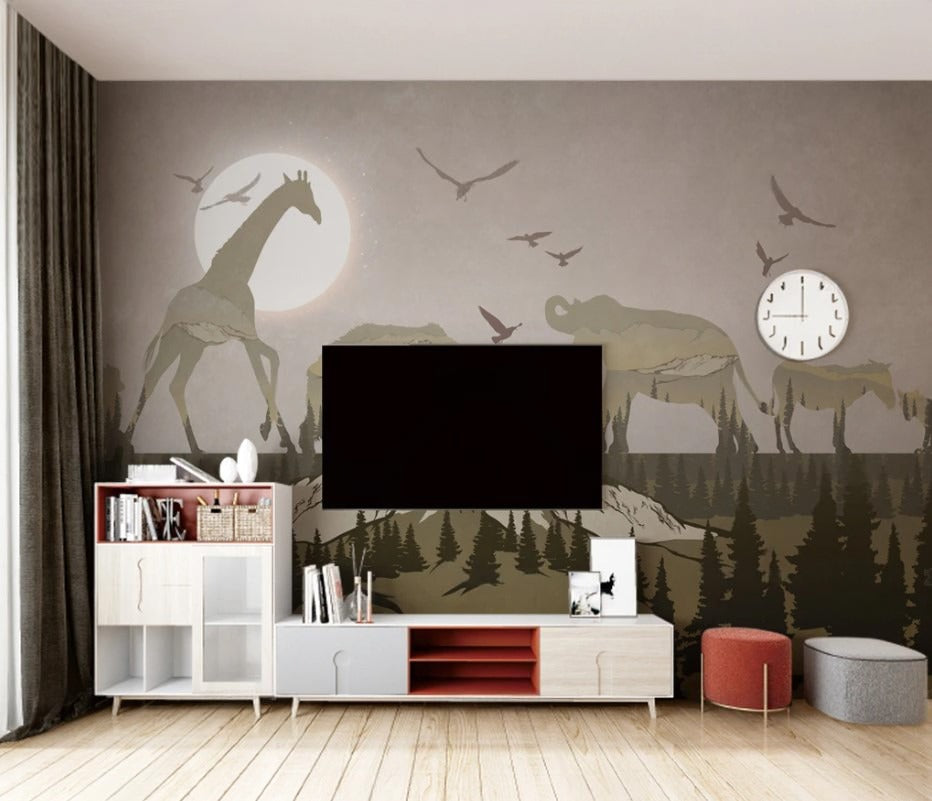 Fototapete mit afrikanischen Tieren, Elefanten und Giraffen, natürlich, stilvoll für Wohnzimmer und Kinderzimmer „Savanne“