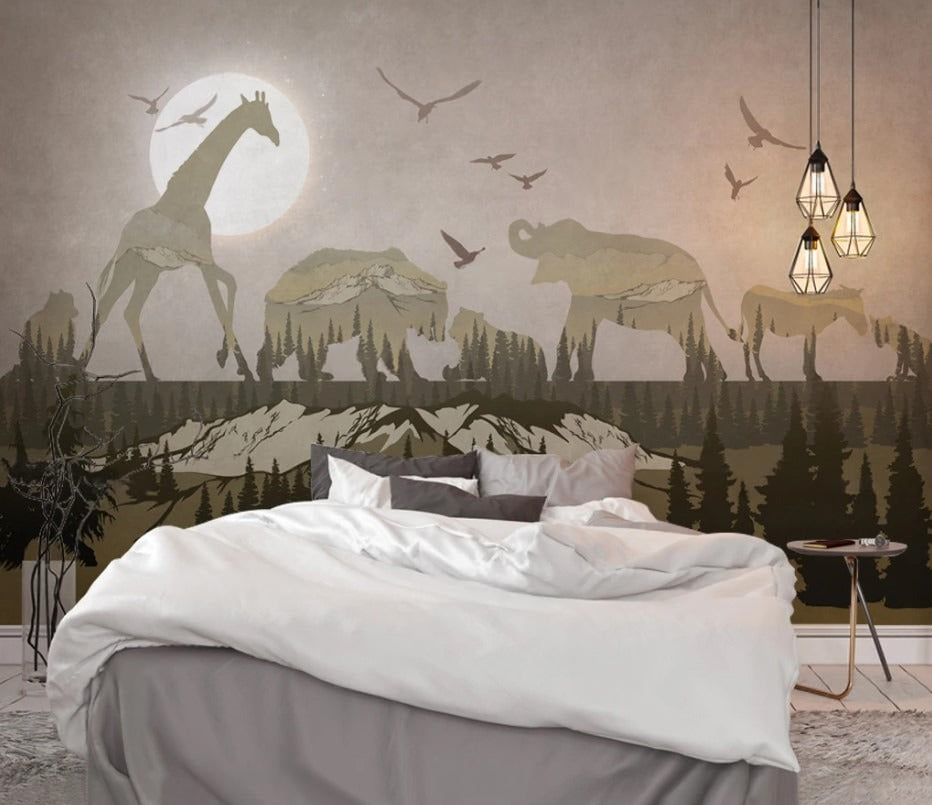Fototapete mit afrikanischen Tieren, Elefanten und Giraffen, natürlich, stilvoll für Wohnzimmer und Kinderzimmer „Savanne“