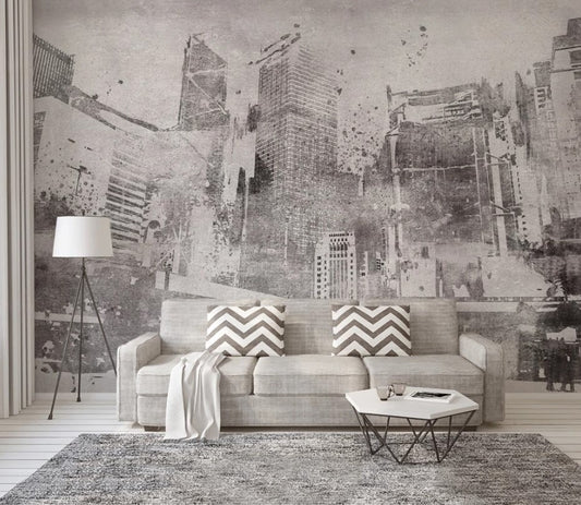 Graue Fototapete mit abstrakter Stadt, modern, stilvoll, selbstklebend für Büro und Wohnzimmer „Stadtsilhouette“