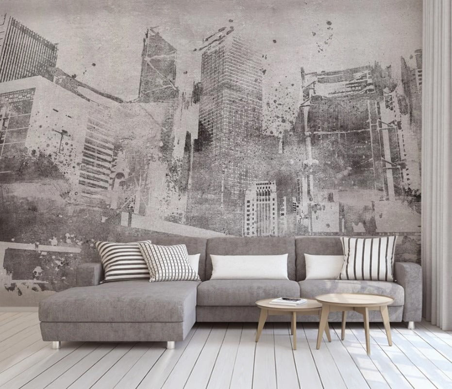 Graue Fototapete mit abstrakter Stadt, modern, stilvoll, selbstklebend für Büro und Wohnzimmer „Stadtsilhouette“