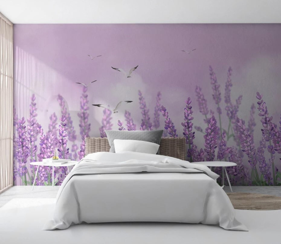 Zarte Fototapete mit Lavendelblüten, beruhigend, modern, selbstklebend für Schlafzimmer und Wohnzimmer „Lavendeltraum“