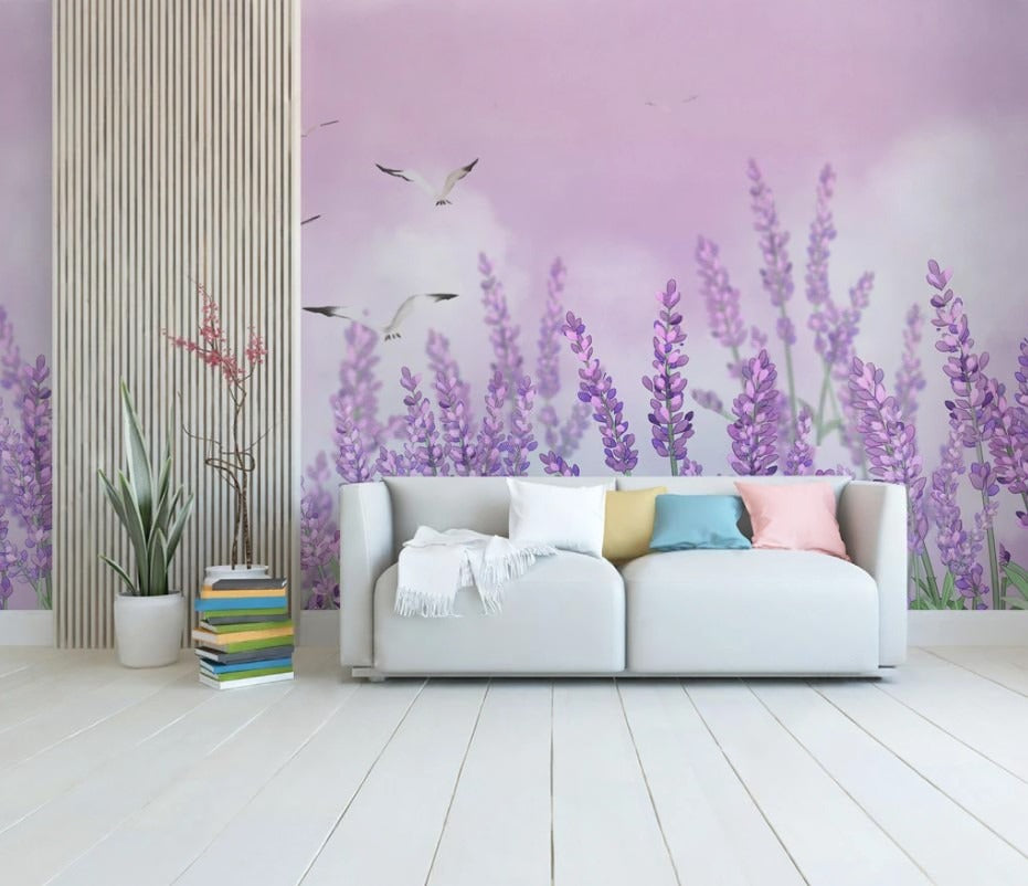 Zarte Fototapete mit Lavendelblüten, beruhigend, modern, selbstklebend für Schlafzimmer und Wohnzimmer „Lavendeltraum“