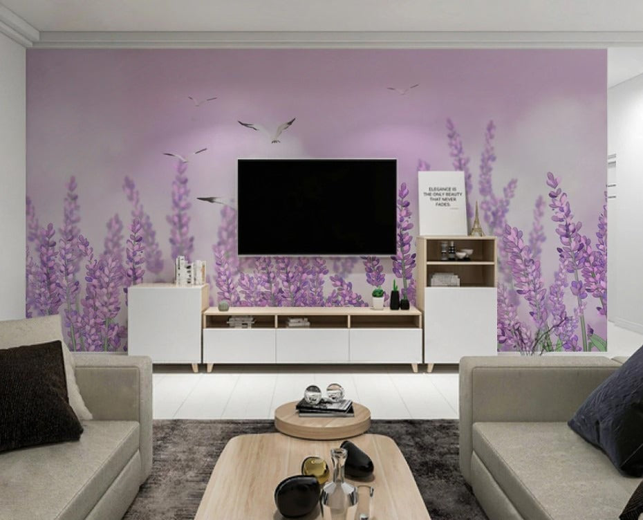 Zarte Fototapete mit Lavendelblüten, beruhigend, modern, selbstklebend für Schlafzimmer und Wohnzimmer „Lavendeltraum“