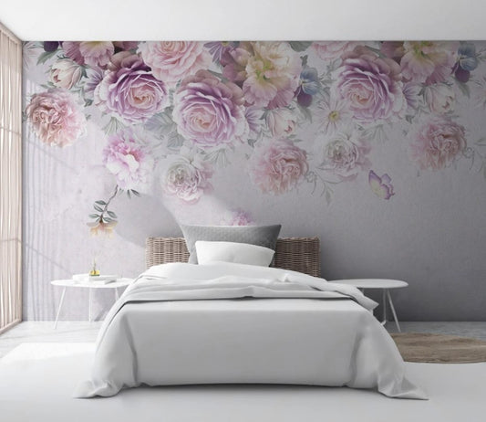 Fototapete mit hängenden Rosen, zart, elegant, selbstklebend für Schlafzimmer über dem Bett „Rosenschleier“
