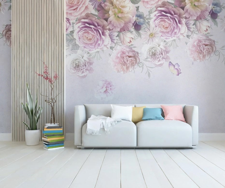 Fototapete mit hängenden Rosen, zart, elegant, selbstklebend für Schlafzimmer über dem Bett „Rosenschleier“