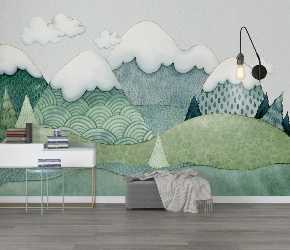 Kinder-Fototapete in Grüntönen mit Bergen, sanft, selbstklebend, modern für Kinderzimmer „Grünberge“