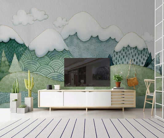 Kinder-Fototapete in Grüntönen mit Bergen, sanft, selbstklebend, modern für Kinderzimmer „Grünberge“