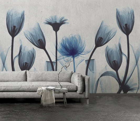 Fototapete mit blauen Blumen, stilvoll, modern, selbstklebend für Schlafzimmer und Wohnzimmer „Blütenblau“