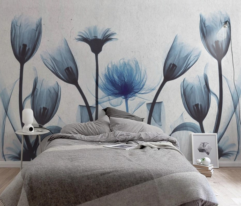 Fototapete mit blauen Blumen, stilvoll, modern, selbstklebend für Schlafzimmer und Wohnzimmer „Blütenblau“