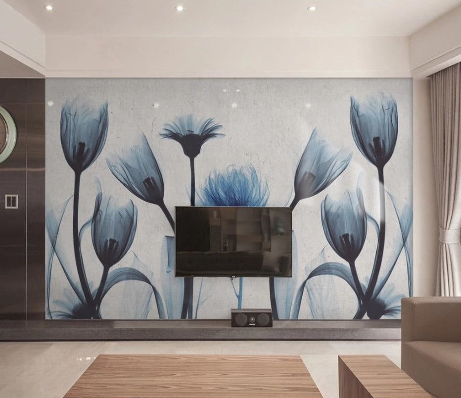 Fototapete mit blauen Blumen, stilvoll, modern, selbstklebend für Schlafzimmer und Wohnzimmer „Blütenblau“