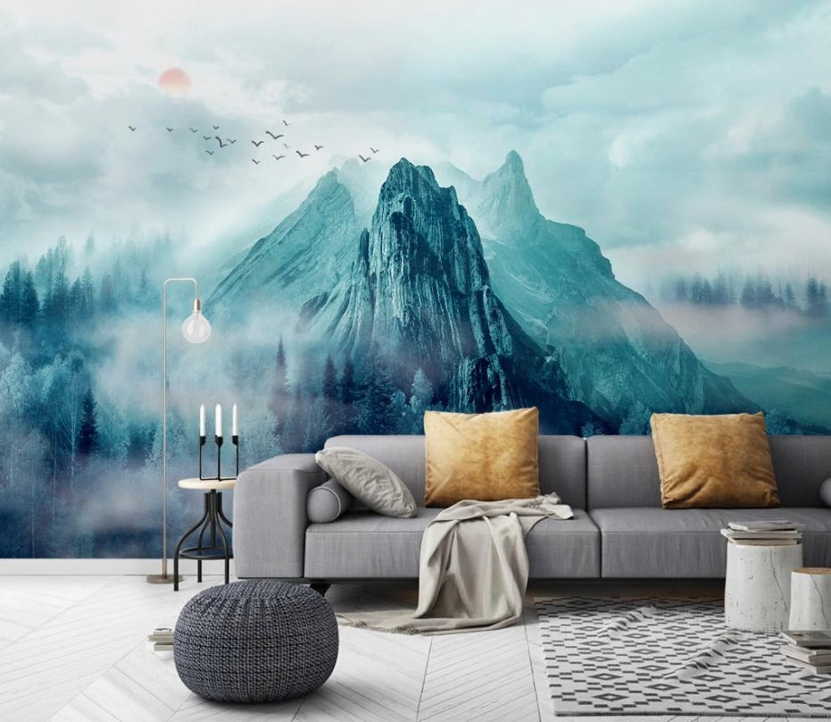 Panorama-Fototapete mit blauen Bergen, modern, stilvoll für Wohnzimmer und Schlafzimmer „Blaue Berge“