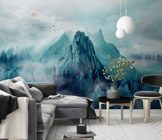 Panorama-Fototapete mit blauen Bergen, modern, stilvoll für Wohnzimmer und Schlafzimmer „Blaue Berge“