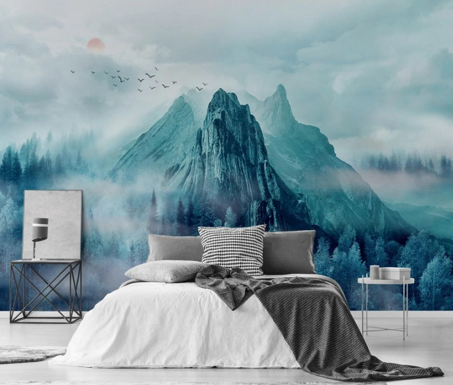 Panorama-Fototapete mit blauen Bergen, modern, stilvoll für Wohnzimmer und Schlafzimmer „Blaue Berge“