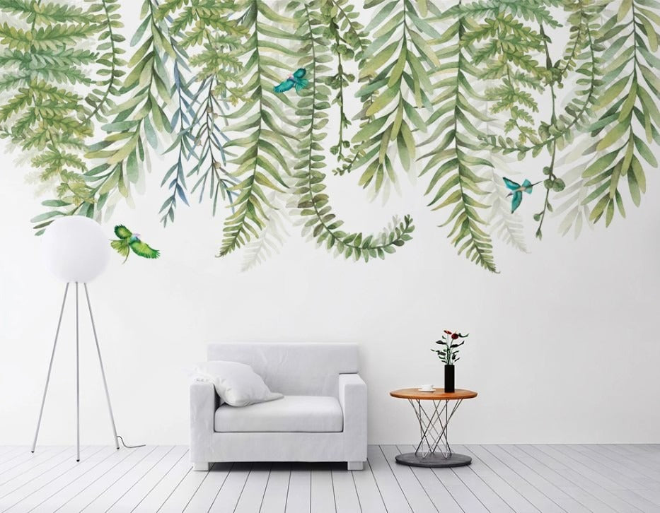 Wand-Fototapete für Schlafzimmer mit grünen Zweigen, selbstklebend, ruhig, stilvoll „Zweiggrün“