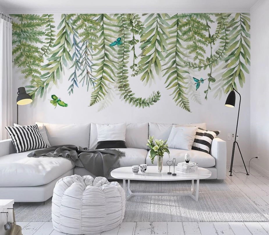 Wand-Fototapete für Schlafzimmer mit grünen Zweigen, selbstklebend, ruhig, stilvoll „Zweiggrün“