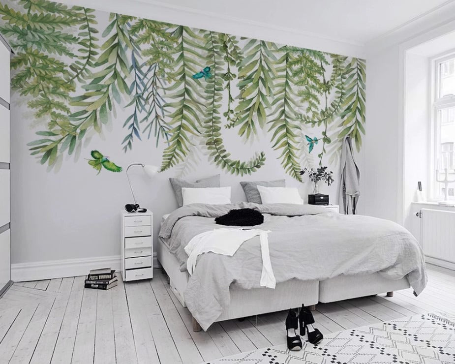 Wand-Fototapete für Schlafzimmer mit grünen Zweigen, selbstklebend, ruhig, stilvoll „Zweiggrün“