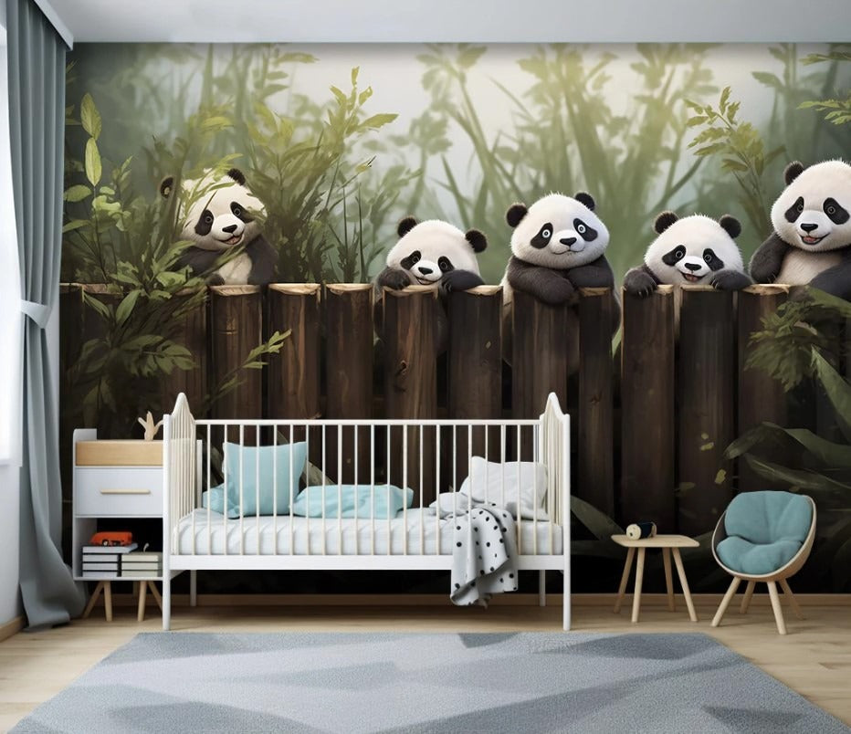 AKinder-Fototapete mit Pandas, bunte Akzenttapete mit Tieren „Pandafreunde“