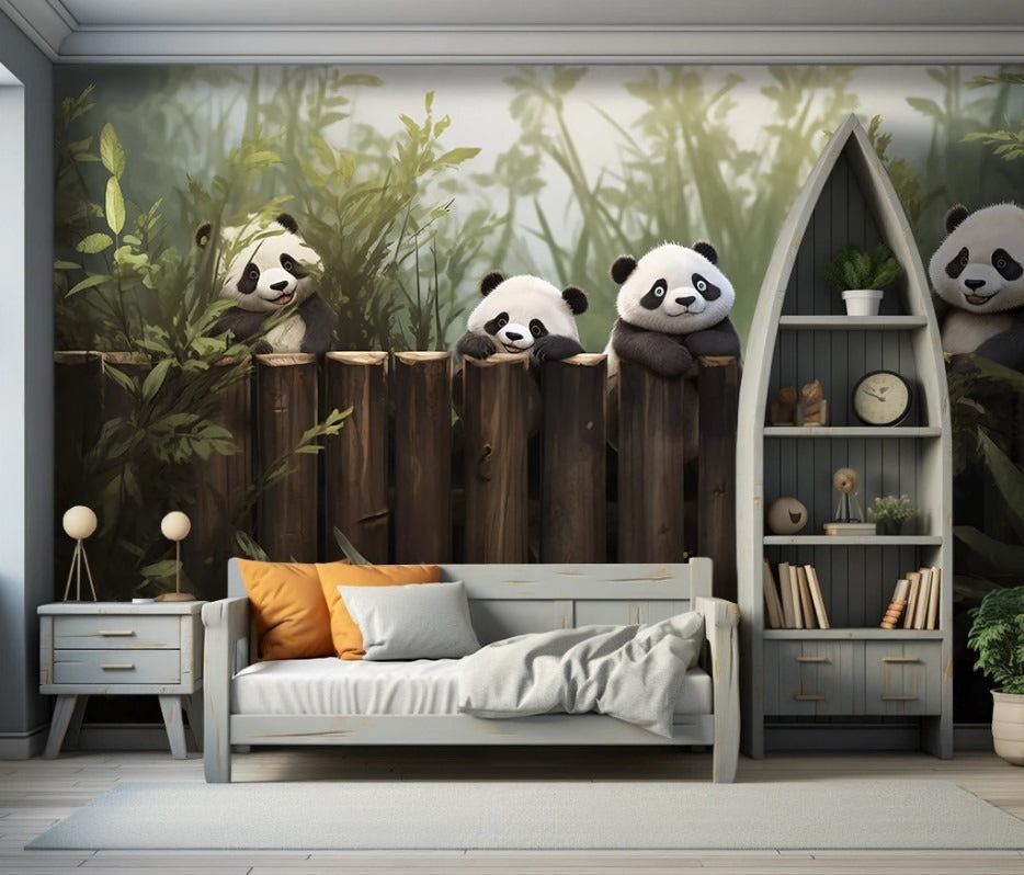 AKinder-Fototapete mit Pandas, bunte Akzenttapete mit Tieren „Pandafreunde“