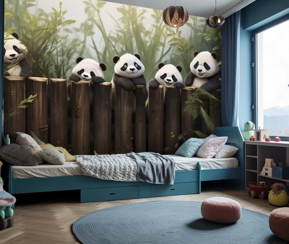 AKinder-Fototapete mit Pandas, bunte Akzenttapete mit Tieren „Pandafreunde“