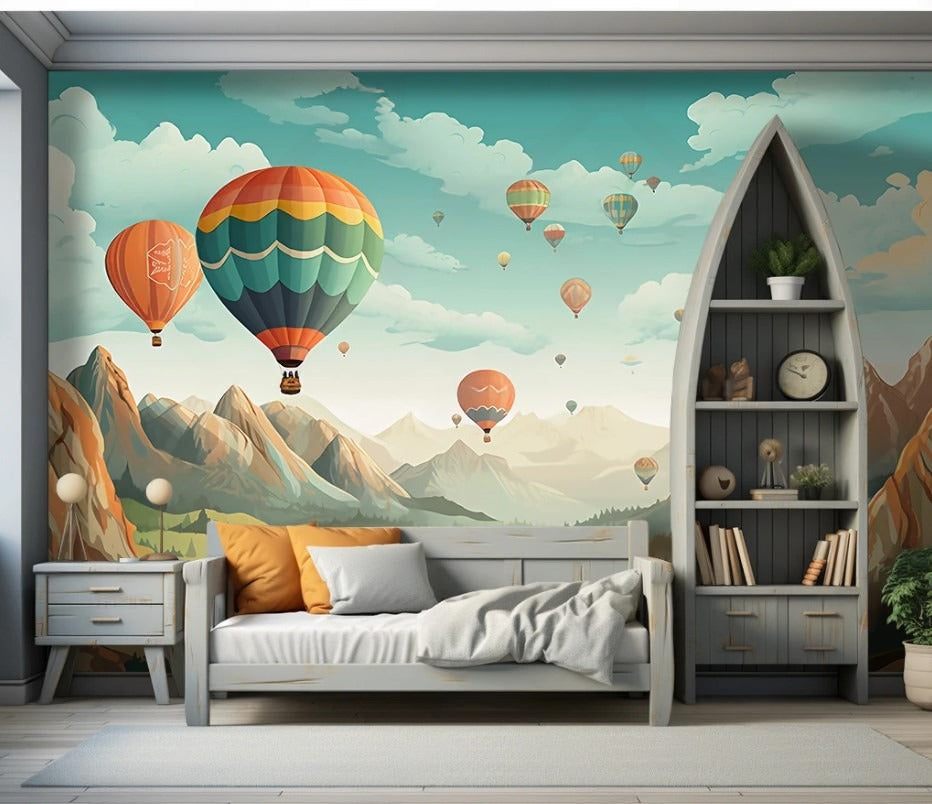 Bunte Fototapete mit Heißluftballons für Kinderzimmer, Schlafzimmer, Wohnzimmer "Himmelszauber"