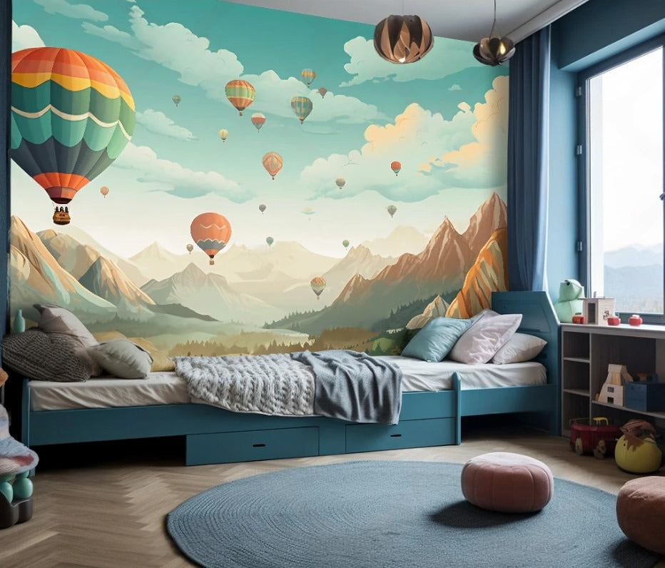 Bunte Fototapete mit Heißluftballons für Kinderzimmer, Schlafzimmer, Wohnzimmer "Himmelszauber"