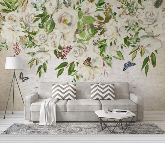 Florale Fototapete, zarte Fototapete mit Blumen und Blättern „Blütenleichtigkeit“
