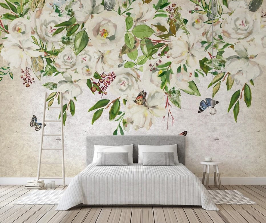 Florale Fototapete, zarte Fototapete mit Blumen und Blättern „Blütenleichtigkeit“