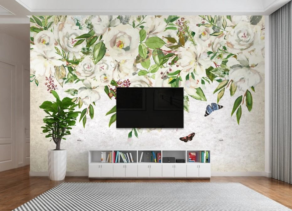 Florale Fototapete, zarte Fototapete mit Blumen und Blättern „Blütenleichtigkeit“