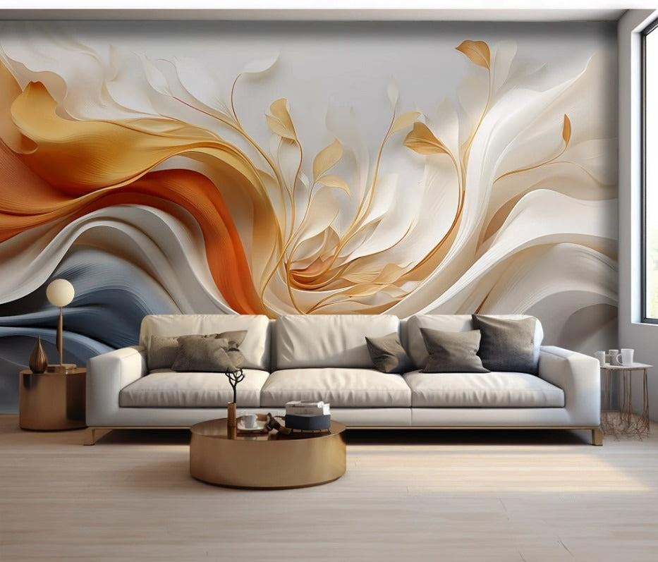 3D-Fototapete mit abstraktem Muster, Akzenttapete in Weiß und Gold „Goldene Wellen“