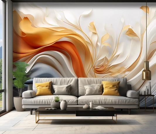 3D-Fototapete mit abstraktem Muster, Akzenttapete in Weiß und Gold „Goldene Wellen“